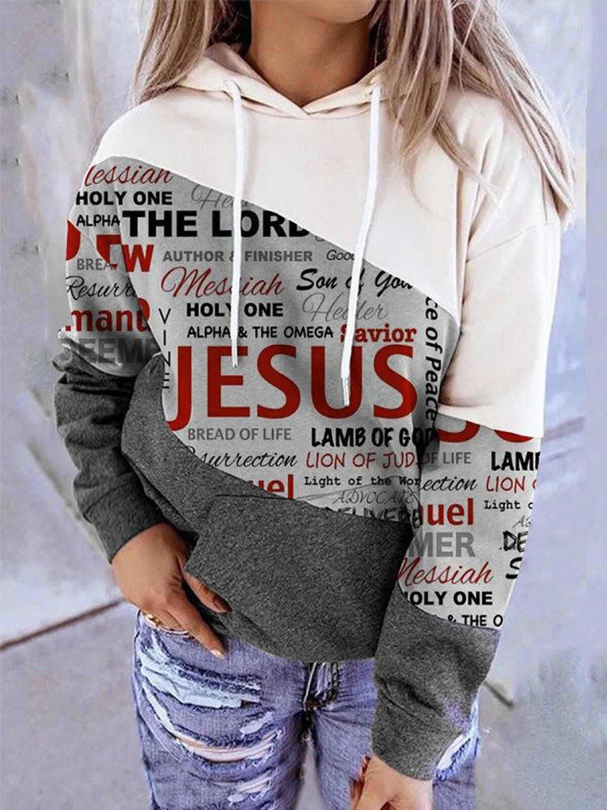 Women's Jesus Print Colorblock Casual Hoodie