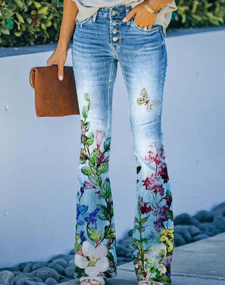Women Casual Floral Print Denim Jeans