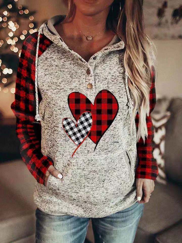 Women's Plaid Love Print Hooded Sweatshirt