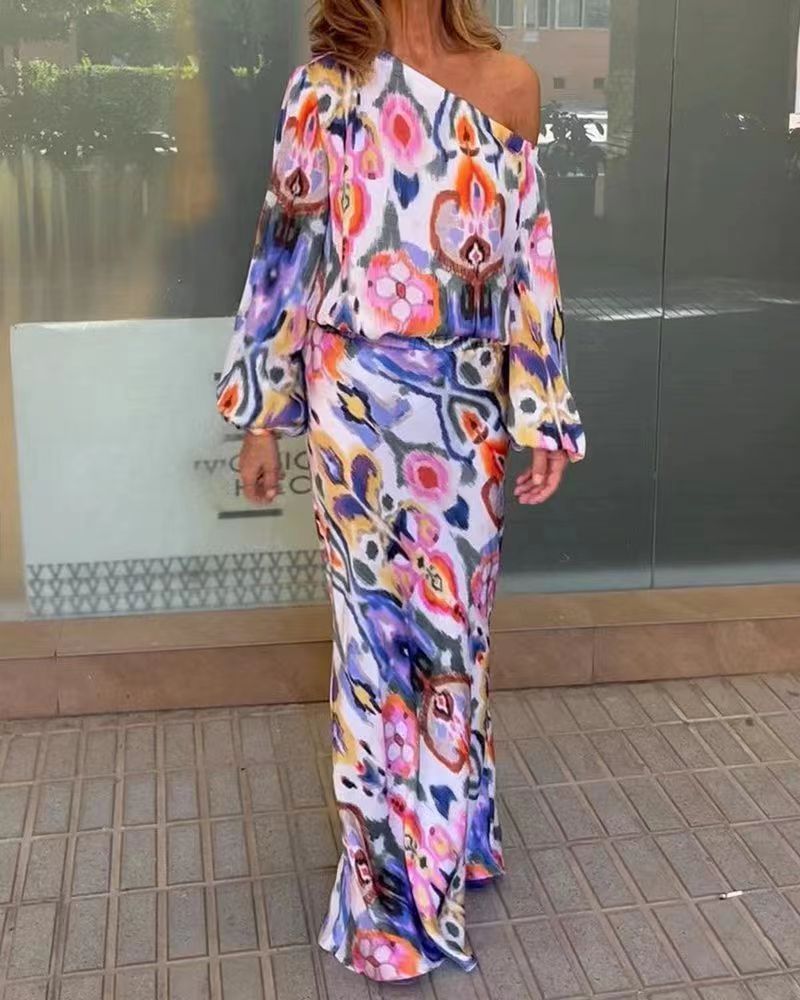 Abstract Pattern One Shoulder Dress Set for Women