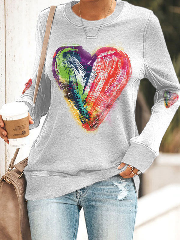 Women's Oil Painting Love-Heart Print Casual Sweatshirt