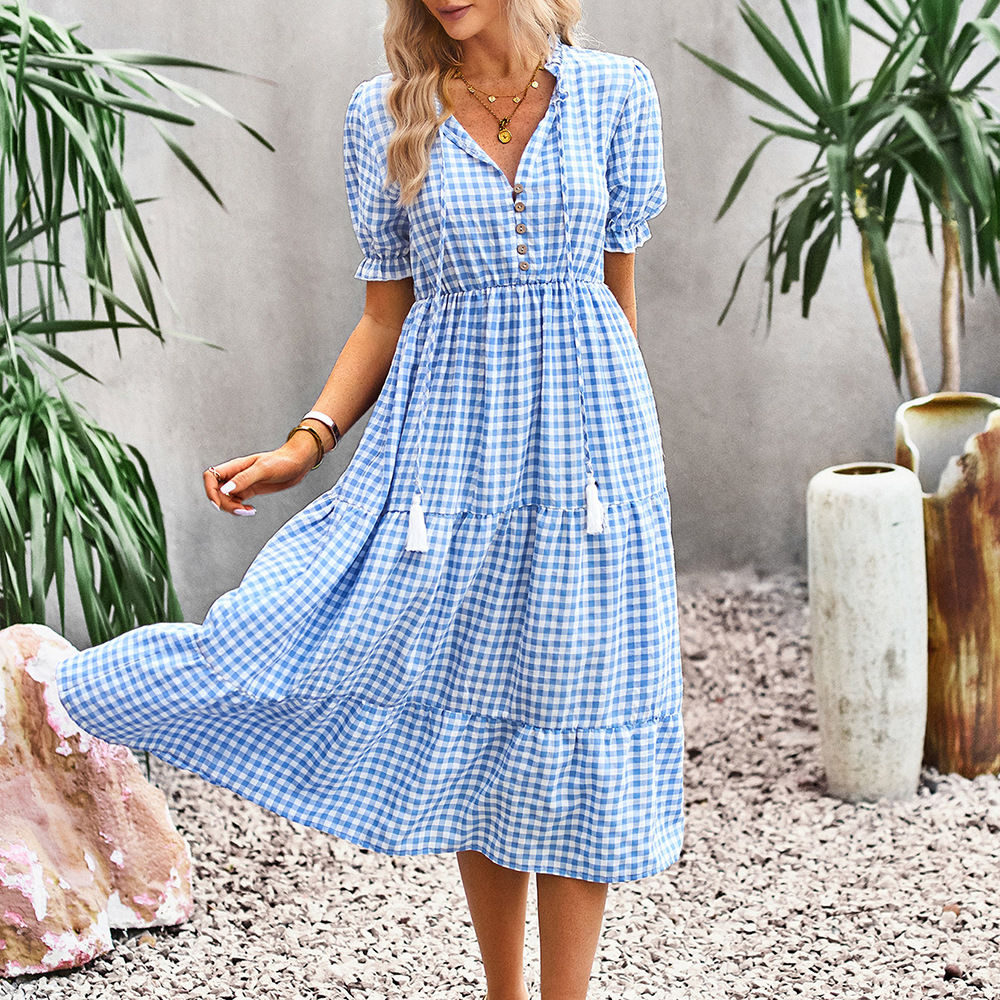 V Neck Plaid Print Maxi Length Dress