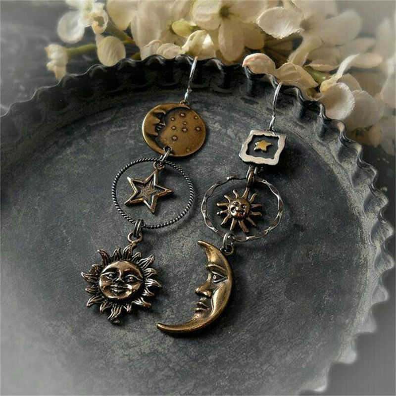 Vintage Pentagram Sun Moon Long Earrings